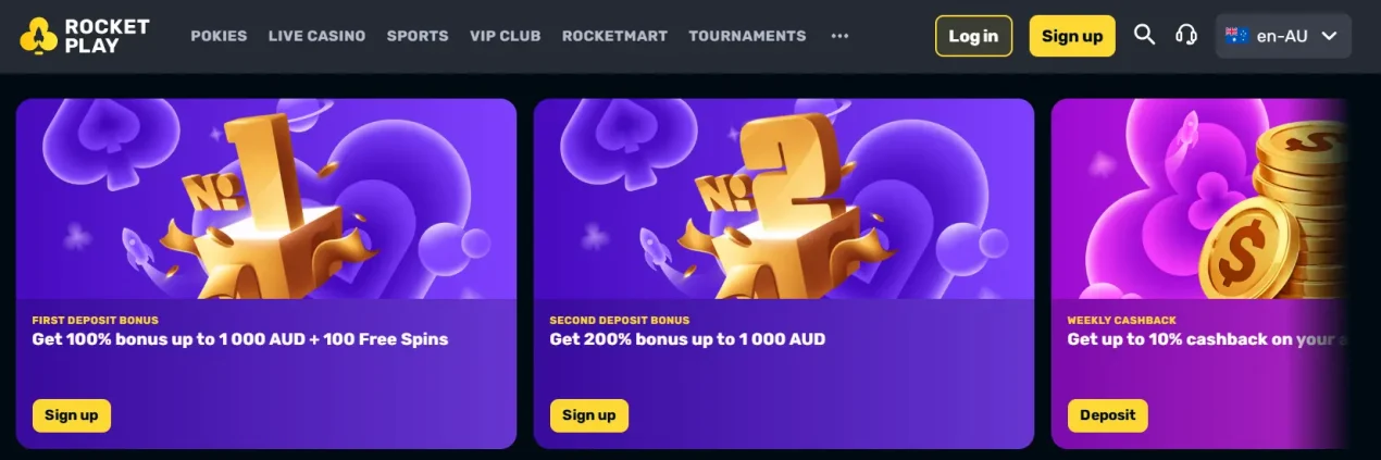 RocketPlay Australian bonus page showing the current welcome promotion