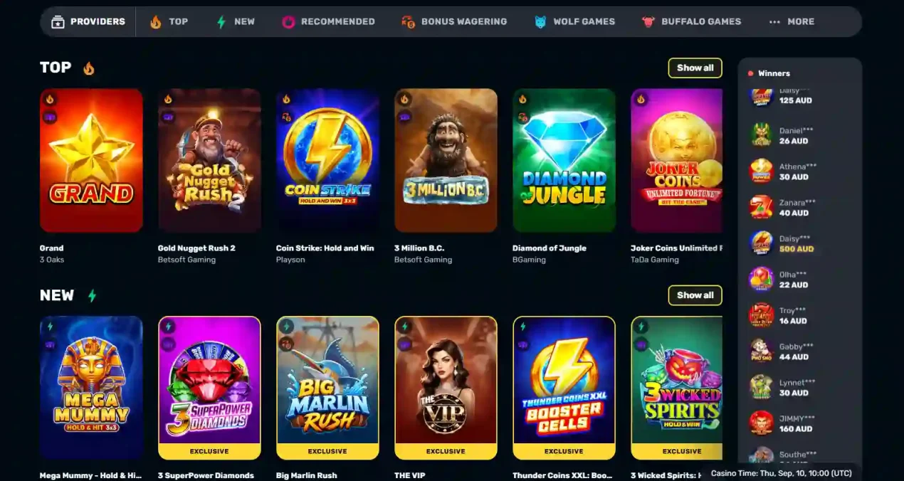 RocketPlay game lobby showing major casino categories and provider navigation