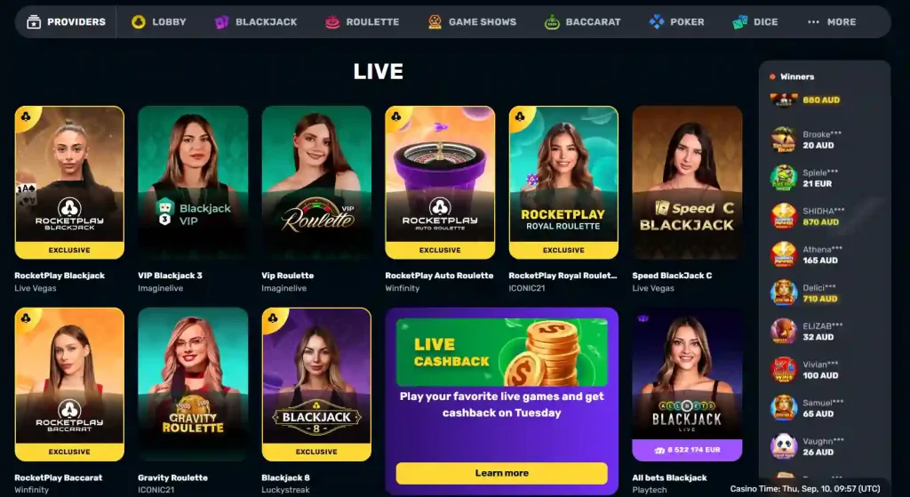 RocketPlay live casino lobby showing dealer tables and live game categories