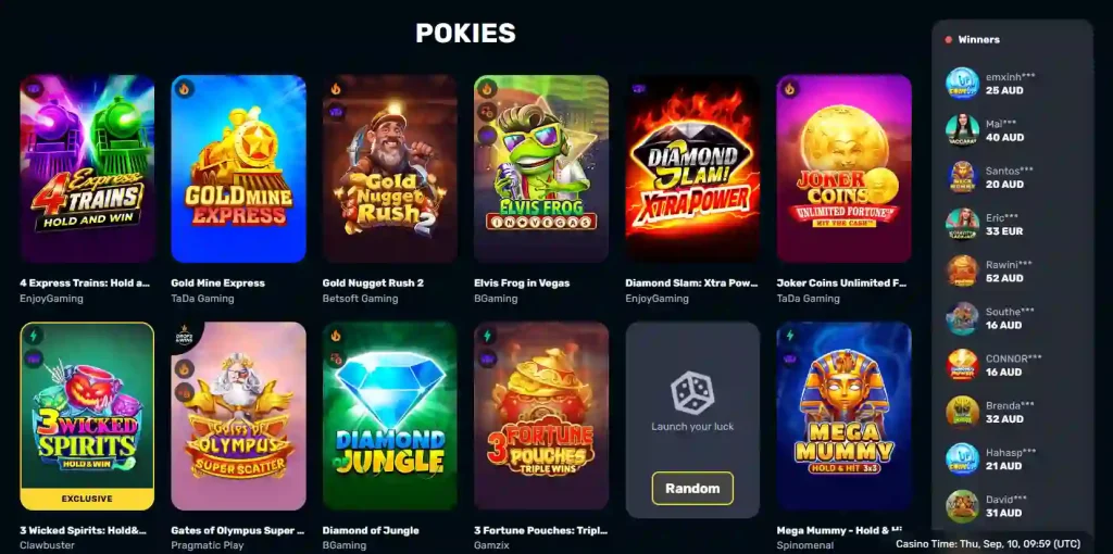 RocketPlay pokies and slots lobby with category navigation and game tiles