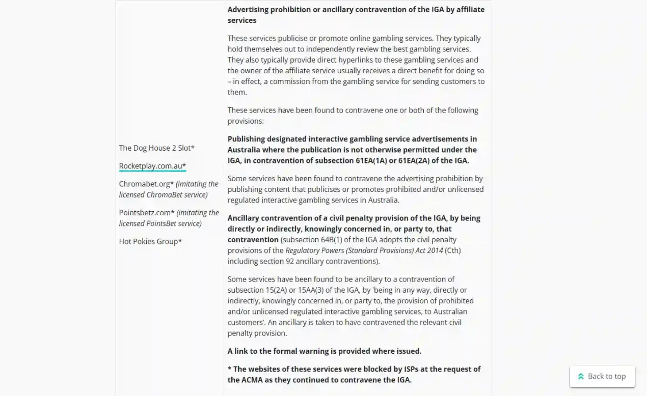 ACMA report showing RocketPlay-related enforcement or blocked domains