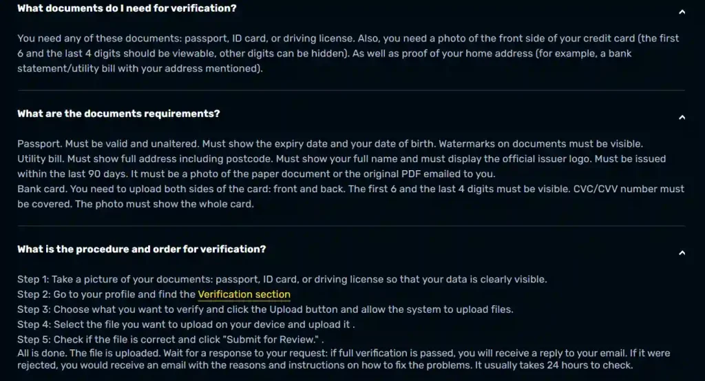 RocketPlay official verification section and document upload guidance