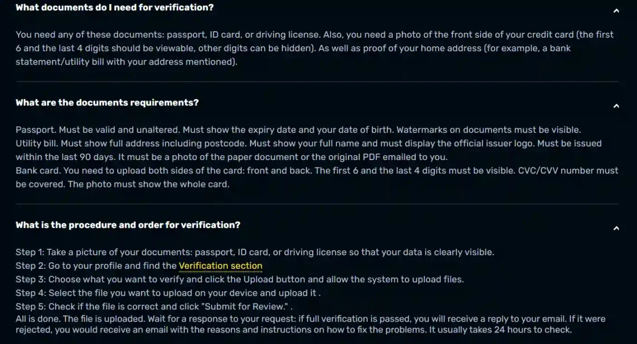 RocketPlay official verification section and document upload guidance