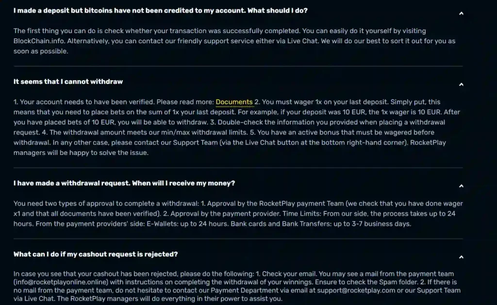 RocketPlay official withdrawal and payment limits information for Australian-facing users
