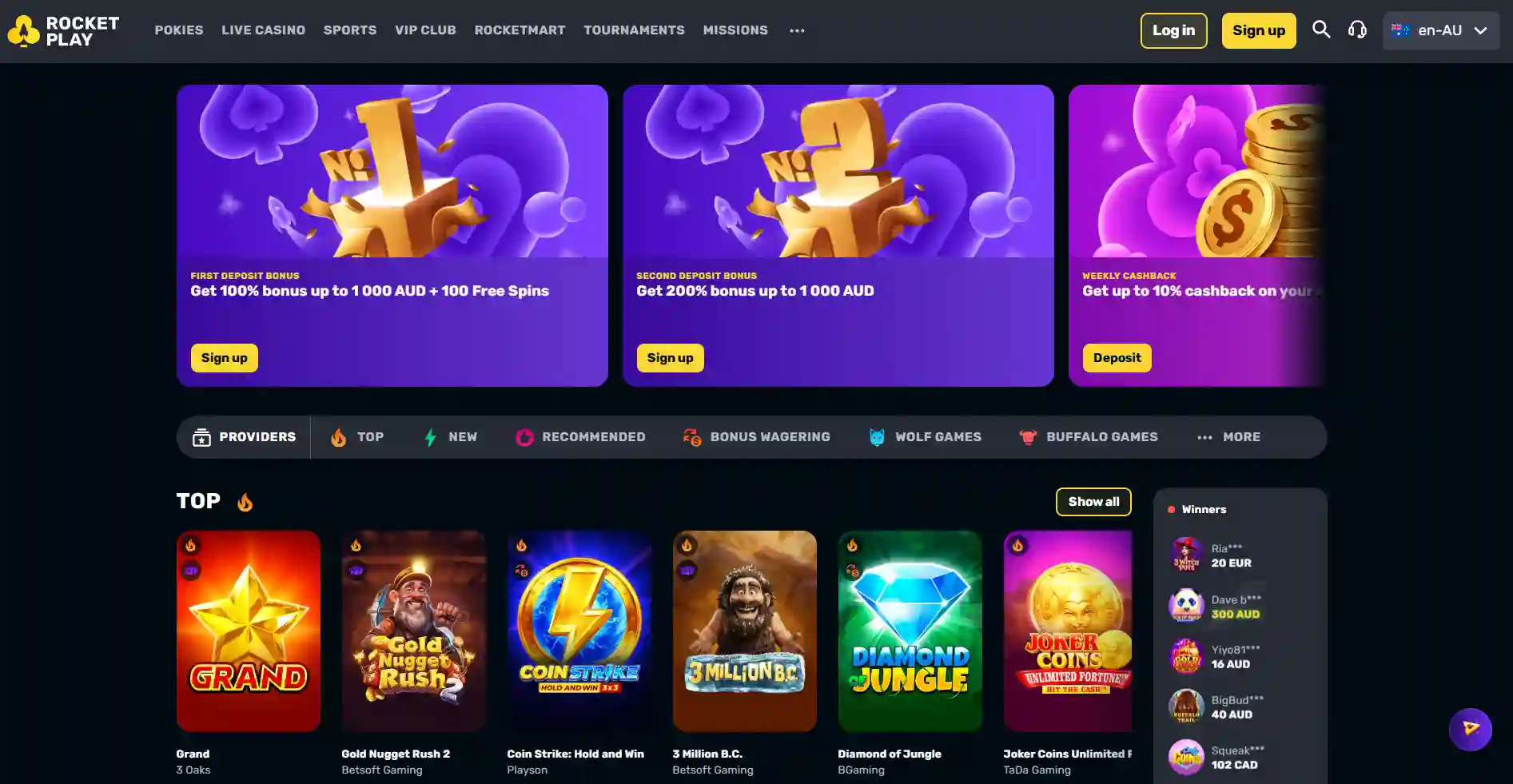 RocketPlay Australian-localised homepage showing the AU-facing presentation