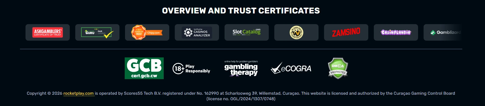 RocketPlay licence or operator information shown in the current site footer or trust area